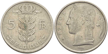 БЕЛЬГИЯ 5 ФРАНКОВ 1950 BELGIQUE, ЛЕОПОЛЬД III (1934-1950) KM 134.1 медно-никель 119-716