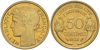 ФРАНЦИЯ 50 САНТИМОВ 1941 ТИП MORLON KM 894.1, LE FRANC 192.18 алюминиевая бронза 44-423