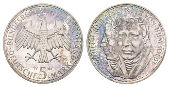 ФРГ 5 марок 1967 F, Вильгельм и Александр фон Гумбольдт KM 120.1, J. 395 серебро PROOF 413-5012