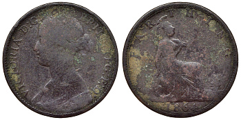 Великобритания 1 фартинг 1864 Виктория (1837-1901) KM 747.2, Spink 3958 бронза 4115-438