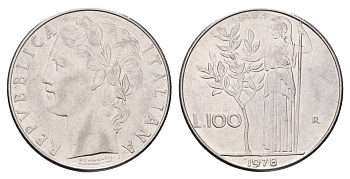 Италия 100 лир 1978 R, Афина у оливкового дерева KM 96.1 нержавеющая сталь 186-1111
