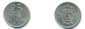 Швеция 25 эре 1973 U, Густав VI Адольф (1950-1973) KM 836 медно-никель UNC 4379-653