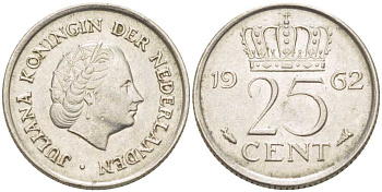 НИДЕРЛАНДЫ 25 ЦЕНТОВ 1962 ЮЛИАНА (1948-1980) KM 183 никель 214-936