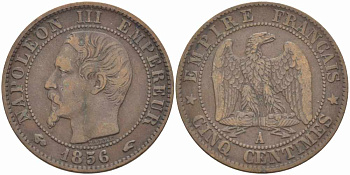 ФРАНЦИЯ 5 САНТИМОВ 1856 A, НАПОЛЕОН III (1852-1870) KM 777.1, LE FRANC 116.30 бронза 108-427