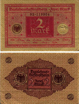 ГЕРМАНИЯ 2 МАРКИ 1920 1 МАРТА 1920, ВЕЙМАРСКАЯ РЕСПУБЛИКА, КРАСНАЯ, СЕРИЯ 92 Pick 59, Rosenberg 65b бумага 7547-78-3-1