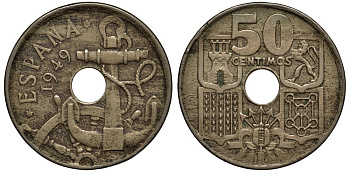 Испания 50 сентимо 1949 (56) Франко (1939-1975), морская атрибутика KM 777 медно-никель 186-914