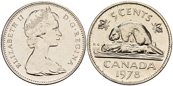 Канада 5 центов 1978 Елизавета II, бобер KM 60.1 никель  BUNC  4148-1232
