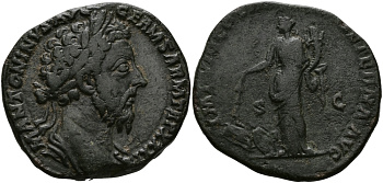 Римская Империя сестерций 176 - 177 Марк Аврелий IMP VIII COS III P P PAX AETERNA AVG Пация, персонификация Мира, сжигает оружие, Рим Very fine 21,87 гр RIC 1202 (as) бронза 1073-7-54