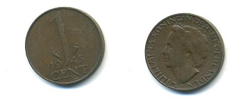 Нидерланды 1 цент 1948 Вильгельмина (1890-1948), год тип KM 175 бронза 80-944