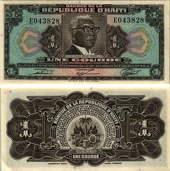 ГАИТИ 1 ГУРД 1979 (1980-1982) СЕРИЯ EO, ПРЕЗИДЕНТ ФРАНСУА ДЮВАЛЬЕ, ABNC, СВЕТИТСЯ В УЛЬТРАФИОЛЕТЕ Pick 230 бумага аUNC 2192-18-3-1