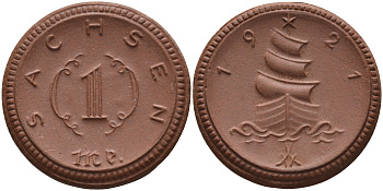 Саксония 1 марка 1921 парусник J. N 55 фарфор 1094-3-84