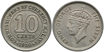 Британская Малайя 10 центов 1950 Георг VI (1937-1952) KM 8 медно-никель 4549-634