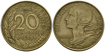 Франция 20 сантимов 1969 тип Marianne KM 930 медь алюминий никель 4135-557