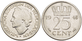НИДЕРЛАНДЫ 25 ЦЕНТОВ 1948 ВИЛЬГЕЛЬМИНА (1890-1948) KM 177 никель 4181-1238