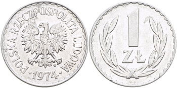 ПОЛЬША 1 ЗЛОТЫЙ 1974 MW KM 49.1, Parchimowicz 213k алюминий 216-824