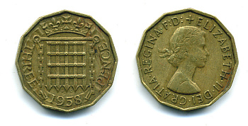 Великобритания 3 пенса 1958 Елизавета II (1952-2022) KM 900, Spink 4153 никель латунь 89-1341