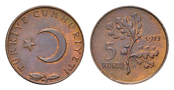 Турция 5 курушей 1973 KM 890.2 бронза UNC 4674-1029
