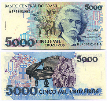 Бразилия 5000 крузейро ND (1990-1993) серия А 5788, Карлось Гомес, музыкант, рояль Pick 232с бумага UNC (пресс) 8564-49-2