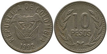 Колумбия 10 песо 1992 KM 281 никель латунь 4538-737