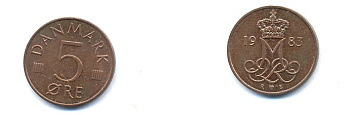 ДАНИЯ 5 ЭРЕ 1985 R; B, МАРГРЕТЕ II (1972-) KM 859.3 железо плакированное медью 23-657