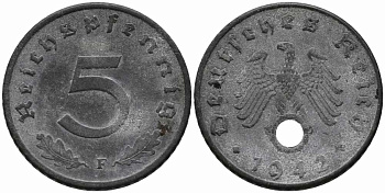 ГЕРМАНИЯ 5 РЕЙХСПФЕННИГОВ 1942 F KM 100, J. 370 цинк 112-129