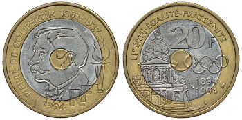 Франция 20 франков 1994 100 лет международному Олимпийскому комитету, Пьер Кубертен KM 1036, Le Franc 405.2 триметалл 4123-732