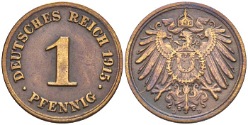 ГЕРМАНИЯ 1 ПФЕННИГ 1915 D KM 10, Jager. 10, Weege 2 медь 4528-661