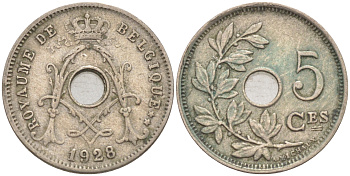 БЕЛЬГИЯ 5 САНТИМОВ 1928 BELGIQUE KM 66 медно-никель 187-938
