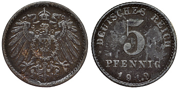 Германия 5 пфеннигов 1919 A KM 19, J. 297, Weege 5 железо 4118-1243