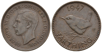 Великобритания 1 фартинг 1947 Георг VI (1936-1952) KM 843, Spink 4116 бронза 3309-221