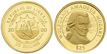 Либерия 25 долларов 2000 Вольфганг Амадей Моцарт  золото  PROOF  00-812-31