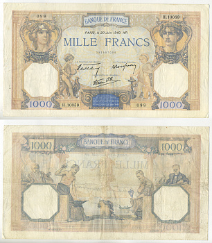 ФРАНЦИЯ 1000 ФРАНКОВ 1940 20 ИЮНЯ 1940 Pick 90c бумага 7552-4-1