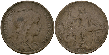 Франция 5 сантимов 1911 KM 842, Le Franc 119.5 бронза 51-1257