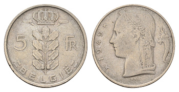 Бельгия 5 франков 1949 Belgie, Леопольд III (1934-1951) KM 135.1 медно-никель 4381-547