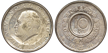 Норвегия 10 крон 1991 Улаф V (1957-1991) KM 427 медь цинк никель 25-2331