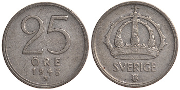 Швеция 25 эре 1945 TS, Густав V (1907-1950) KM 816 серебро 4179-858