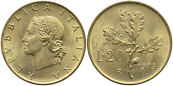 Италия 20 лир 1973 R, дубовая ветвь KM 97.2 алюминиевая бронза 4171-922