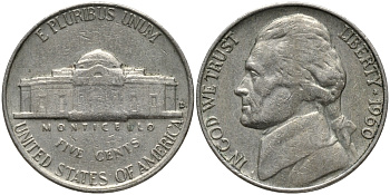 США 5 ЦЕНТОВ 1960 D, ДЖЕФФЕРСОН KM А192 медно-никель 84-535