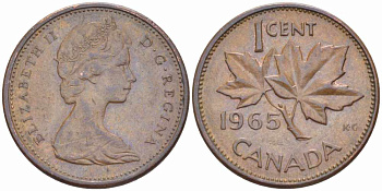 Канада 1 цент 1965 Елизавета II (1952-2022), кленовый лист KM 59.1 бронза 105-534