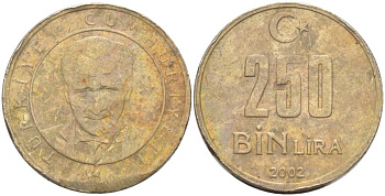 ТУРЦИЯ 250000 ЛИР 2002 КЕМАЛЬ АТАТЮРК KM 1137 медь никель цинк 4551-1222
