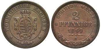 Саксония 2 пфеннига 1869 В, Иоганн (1854-1873) KM 1217, Jaeger 121, AKS 155 медь 75-1123