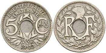 Франция 5 сантимов 1923 тип Линдайе KM 875   медно-никель    4152-1217