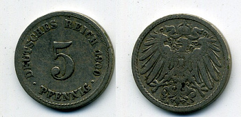 ГЕРМАНИЯ 5 ПФЕННИГОВ 1900 A, KM 11, J. 12 медно-никель 58-555