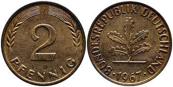 ФРГ 2 ПФЕННИГА 1967 J KM 106, Jager 381 бронза 4546-944