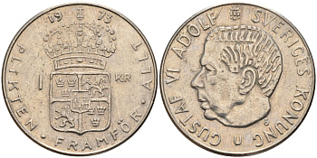 Швеция 1 крона 1973 U, Густав VI Адольф (1950-1973) KM 826a медь плакированный медно-никелем 4150-345