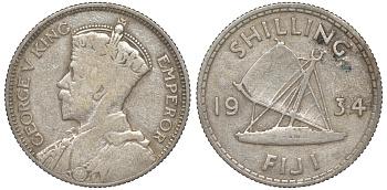 Фиджи 1 шиллинг 1934 Георг V (1910-1936), парусник KM 4 серебро    91-1013