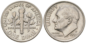 США 10 центов (дайм) 1990 P, президент Рузвельт KM 195a медь плакированная медно-никелем UNC 218-112