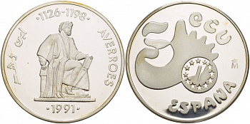 Испания 5 экю 1991 Аверроэс (Ибн Рушд) западно-арабский философ (1126-1198) серебро PROOF 11-320-12