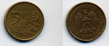 Польша 5 грошей 2000 MW KM 278, Parchimowicz 703g латунь 58-1214