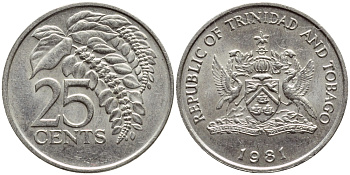 Тринидад и Тобаго 25 центов 1981 цветок дикая пуансеттия KM 32 медно-никель 4396-764